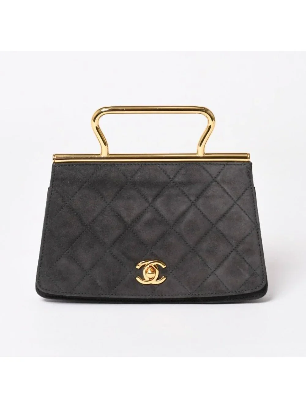 Chanel Top Handle Handbag CC Logo Suede Turnlock Dark Gray Gold